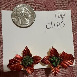 Red Poinsettia Clip-On Earrings with Green Accents